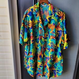VTG Jack Winter Tropical Floral Parrots Rayon Oversized Top Shirt Women's Large